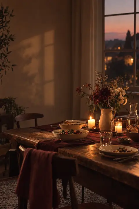 Original editorial illustration of a warmly lit family dining table with porcelain bowls and flowers.