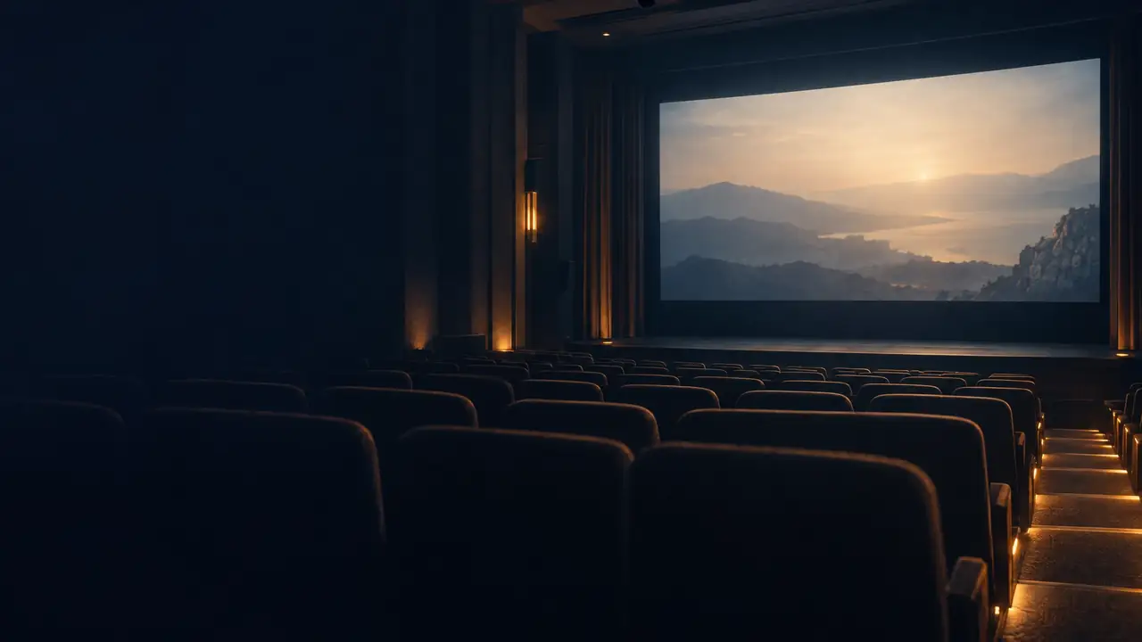 An empty independent cinema with a softly illuminated screen and amber aisle lights.